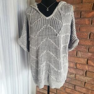 Natural Reflections Hooded Knit V-Neck Lt Taupe/Gray Open Knit Sweater